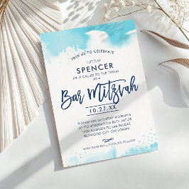 Convites BAR MITZVAH letra à mão aqua aquarela hebraico