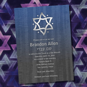 Convites Bar Mitzvah Madeira Olhar Azul Cinza Estrela Prata