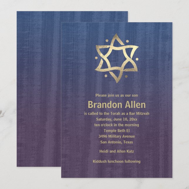 Convites Bar Mitzvah Manteve Madeira Azul Plum Dourado Estr (Frente/Verso)