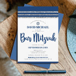 Convites Bar Mitzvah Marinho Blue Script Simple Modern Tall<br><div class="desc">Tenha orgulho, alegria e mostre este marco do seu Bar favorito Mitzvah! Enviar este convite legal, único, moderno e personalizado para um evento que se lembre. A tipografia de escrita azul-marinho, estrela de David e um talento gráfico listrado azul-marinho e prateado inspiraram uma camada gráfica simples e branca. Personalize o...</div>