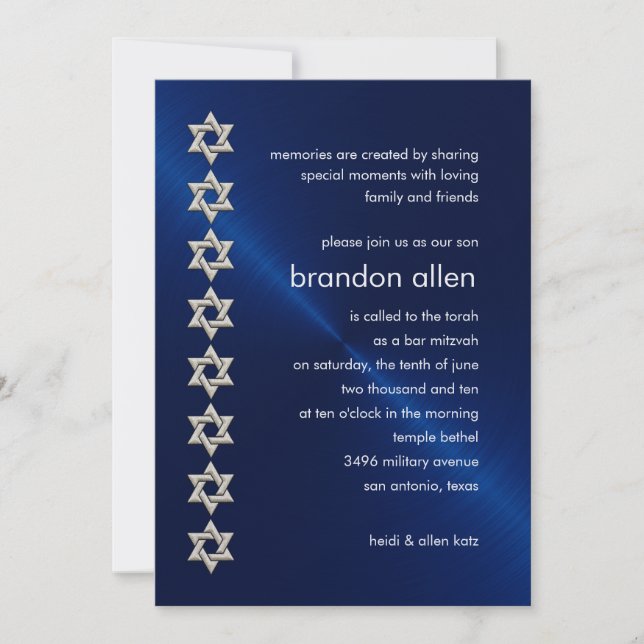 Convites Bar Mitzvah Marinho Sheen Silver Stars de David (Frente)