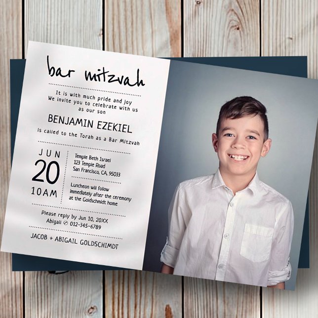 Convites Bar Mitzvah Modern + Foto personalizada minimalist (Criador carregado)