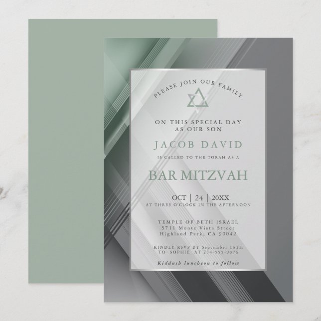 Convites Bar Mitzvah Modern Geométrico Carvão Verde (Frente/Verso)