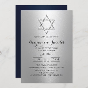 Convites Bar Mitzvah Modern Silver e Blue Star de David