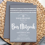 Convites Bar Mitzvah Moderna Cinza Prateada Tallit Simples<br><div class="desc">Tenha orgulho, alegria e mostre este marco do seu Bar favorito Mitzvah! Enviar este convite legal, único, moderno e personalizado para um evento que se lembre. A tipografia branca, a estrela de David e uma cinza suave e a taluza listrada de prata inspiraram uma camada gráfica simples e mais leve...</div>