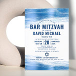 Convites Bar Mitzvah Moderna Tipografia do Marinho Negra Az<br><div class="desc">Tenha orgulho, alegria e mostre este marco do seu Bar favorito Mitzvah! Enviar este convite legal, único, moderno e personalizado para um evento que se lembre. Traços de pincel de folha azul-clara metálico, juntamente com tipografia azul-marinho e estrela de David, sobrepõem um plano de fundo branco simples. Personalize o texto...</div>