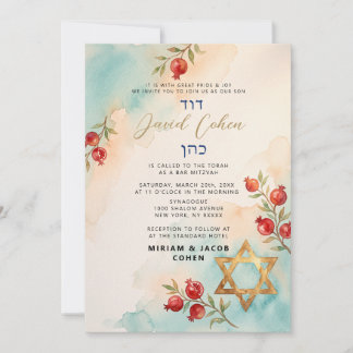Convites Bar Mitzvah Moderno Aquarela Dourado Azul Hebraico