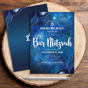 Convites Bar Mitzvah Moderno Azul Aquarela Ágata Script