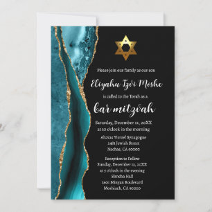 Convites Bar Mitzvah Moderno Azul Teal Preto e Dourado