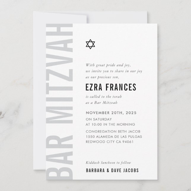 Convites BAR MITZVAH moderno e mínimo ousado monocromático (Frente)