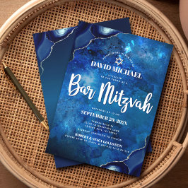 Convites Bar Mitzvah Moderno em Aquarela Azul com Escrita A