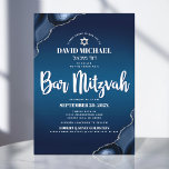 Convites Bar Mitzvah Moderno Marinho Azul Agate Script In I<br><div class="desc">Tenha orgulho, alegria e mostre este marco do seu Bar favorito Mitzvah! Enviar este convite legal, único, moderno e personalizado para um evento que se lembre. A tipografia da escrita branca e Estrela de David sobrepõem um fundo azul-marinho profundo com o agato azul de aço acentuado com veias falso prateadas....</div>