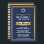 Convites Bar Mitzvah Moderno Marinho Elegante Azul Branco e<br><div class="desc">Convide a família e os amigos para uma elegante cerimônia de mitzvah bar e comemoração para ele com este marinho de convite azul, branco e folha de ouro falso. Todo texto é simples de personalizar, portanto pode incluir qualquer texto sobre o serviço, leitura de Torah e festa. Design apresenta um...</div>