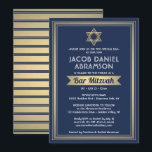 Convites Bar Mitzvah Moderno Marinho Elegante Azul Branco e<br><div class="desc">Convide a família e os amigos para uma elegante cerimônia de mitzvah bar e comemoração para ele com este marinho de convite azul, branco e folha de ouro falso. Todo texto é simples de personalizar, portanto pode incluir qualquer texto sobre o serviço, leitura de Torah e festa. Design apresenta um...</div>