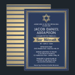 Convites Bar Mitzvah Moderno Marinho Elegante Azul Branco e<br><div class="desc">Convide a família e os amigos para uma elegante cerimônia de mitzvah bar e comemoração para ele com este marinho de convite azul, branco e folha de ouro falso. Todo texto é simples de personalizar, portanto pode incluir qualquer texto sobre o serviço, leitura de Torah e festa. Design apresenta um...</div>