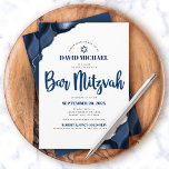 Convites Bar Mitzvah moderno - Marinho simples - Script Azu<br><div class="desc">Tenha orgulho, alegria e mostre este marco do seu Bar favorito Mitzvah! Enviar este convite legal, único, moderno e personalizado para um evento que se lembre. Tipografia do script azul-marinho e Estrela de David sobrepõe um fundo branco simples e simples com o agato azul de aço acentuado com veias falso...</div>