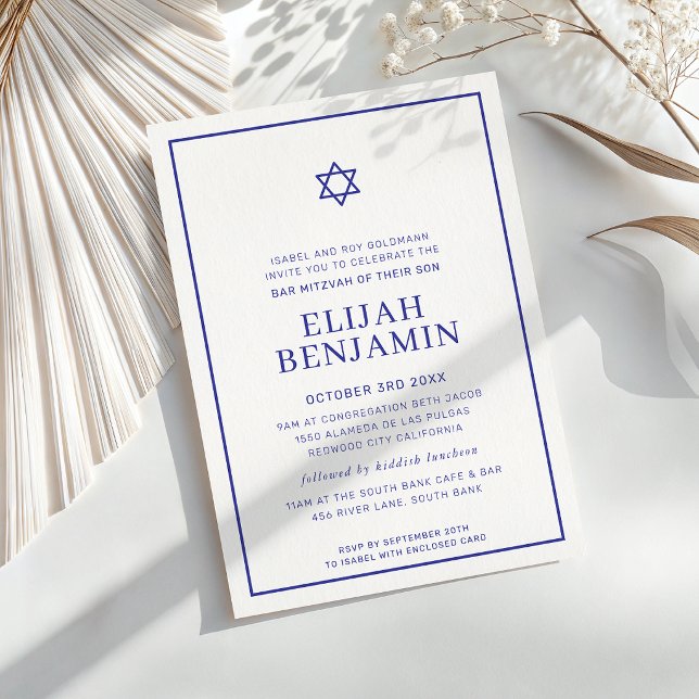 Convites BAR MITZVAH moderno minimal estrela fronteira azul (Criador carregado)