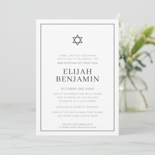 Convites BAR MITZVAH moderno minimal estrela fronteira cinz (Em pé/Frente)