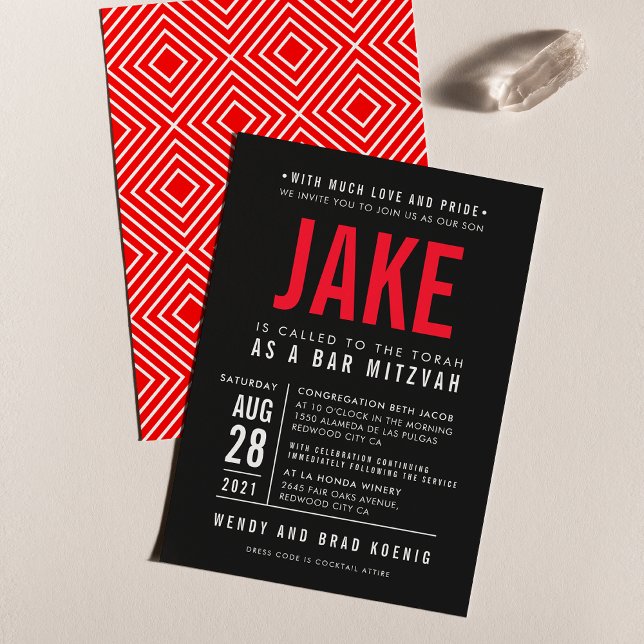 Convites BAR MITZVAH moderno, negrito, tipo geométrico verm (Criador carregado)