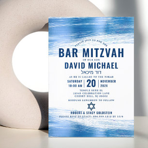 Convites Bar Mitzvah Moderno Negrito Tipografia Azul Folha