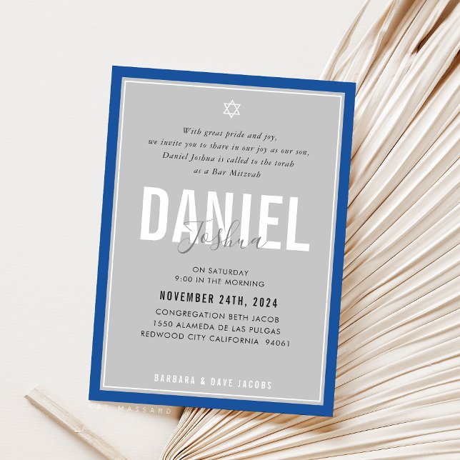 Convites BAR MITZVAH, moderno rapaz atlético, cinza azul ne (Criador carregado)