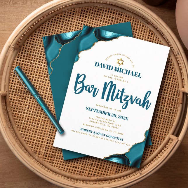 Convites Bar Mitzvah Moderno Simples Turquesa Ágata Script (Criador carregado)