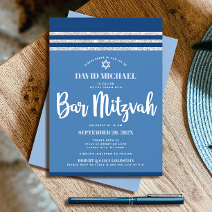 Convites Bar Mitzvah Moderno Tallit Azul Prata Script Negri