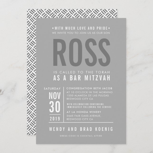 Convites BAR MITZVAH moderno tipo de bloco negrito cinza ci (Frente/Verso)
