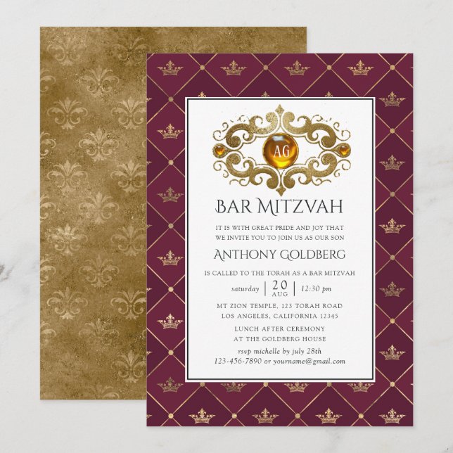 Convites Bar Mitzvah Monograma Heráldico em Borgonha e Dour (Frente/Verso)