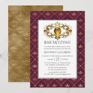 Convites Bar Mitzvah Monograma Heráldico em Borgonha e Dour