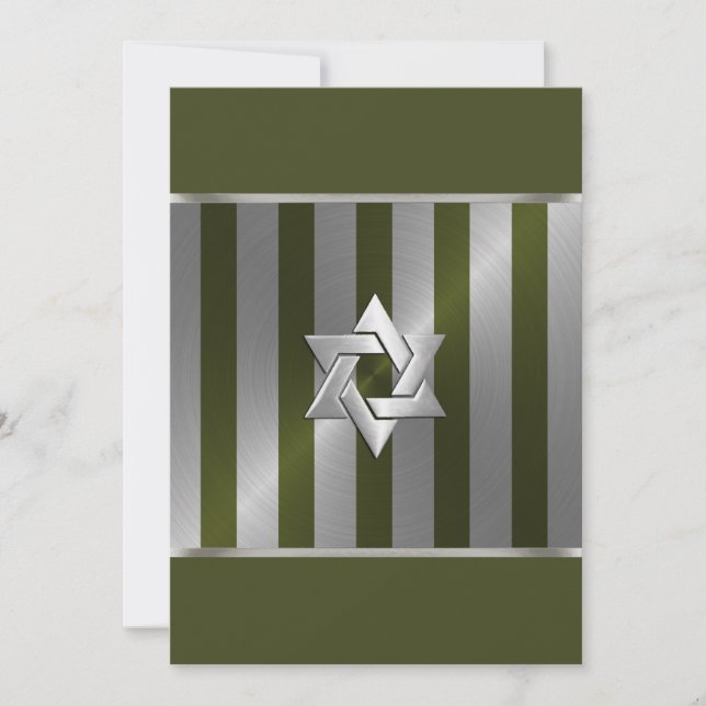 Convites Bar Mitzvah Moss Green e Silver Stripe (Frente)