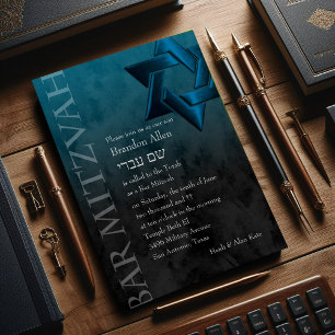 Convites Bar Mitzvah Na moda Teal Blue Star de David Ombre