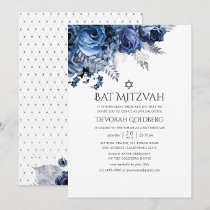 Convites Bar Mitzvah naval e branco com floral em folha de 