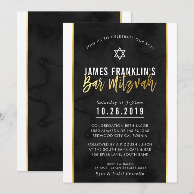 Convites BAR MITZVAH - negrito - dourado - dourado preto (Frente/Verso)