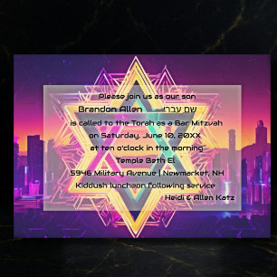 Convites Bar Mitzvah Neon City Skyline