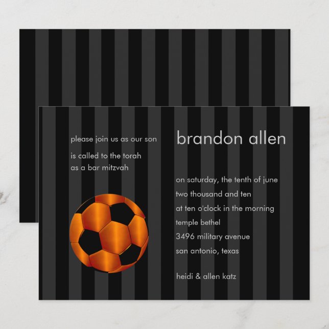 Convites Bar Mitzvah Orange e Black Soccer Ball (Frente/Verso)