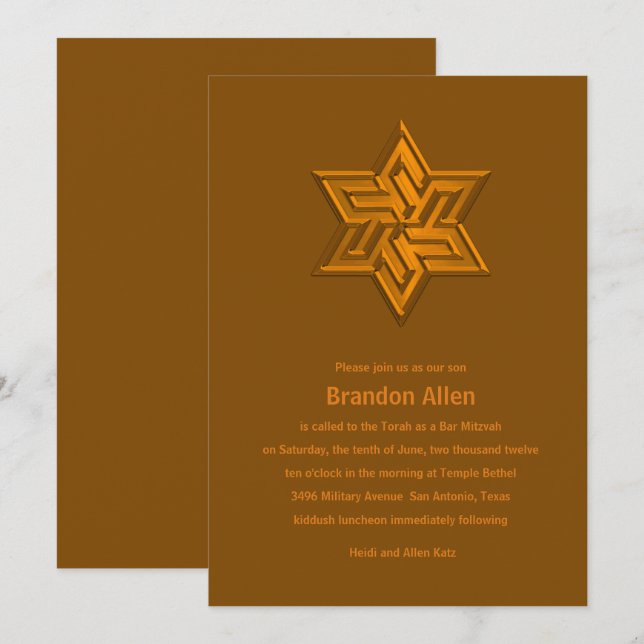 Convites Bar Mitzvah Orange Tones Star de David (Frente/Verso)