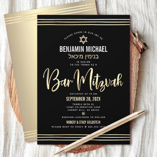 Convites Bar Mitzvah Ouro Preto Folha de Script Nome Hebrai