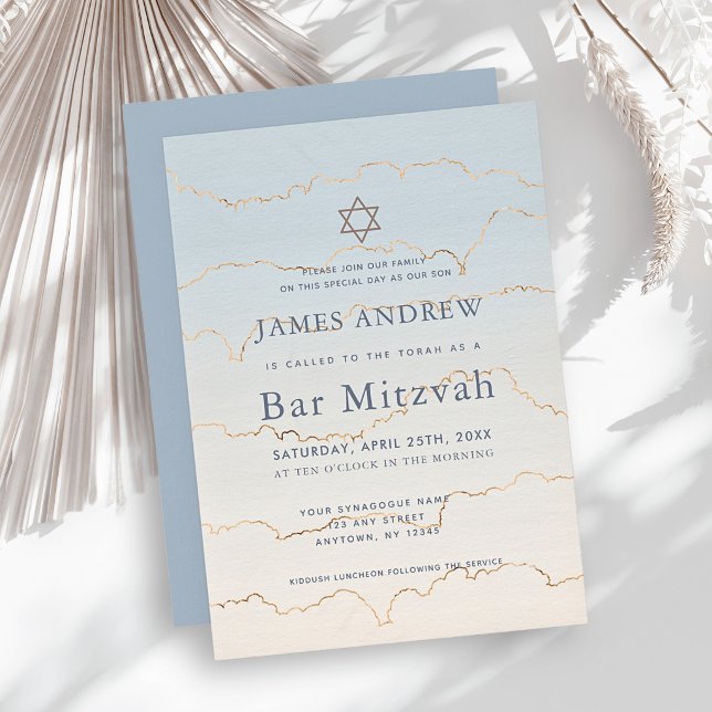 Convites Bar Mitzvah Pale Blue Gold Linings (Criador carregado)