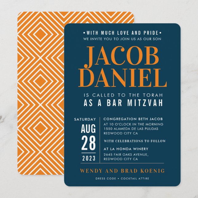 Convites BAR MITZVAH — Pilha geométrica moderna laranja azu (Frente/Verso)