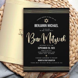 Convites Bar Mitzvah Preto Dourado Folha Script Negrito Mod