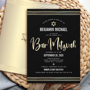 Convites Bar Mitzvah Preto Dourado Folha Script Negrito Mod