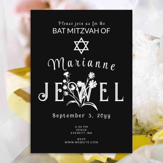 Convites Bar Mitzvah Preto e Branco (stylish black and white bat mitzvah invitations with unique floral lettering)
