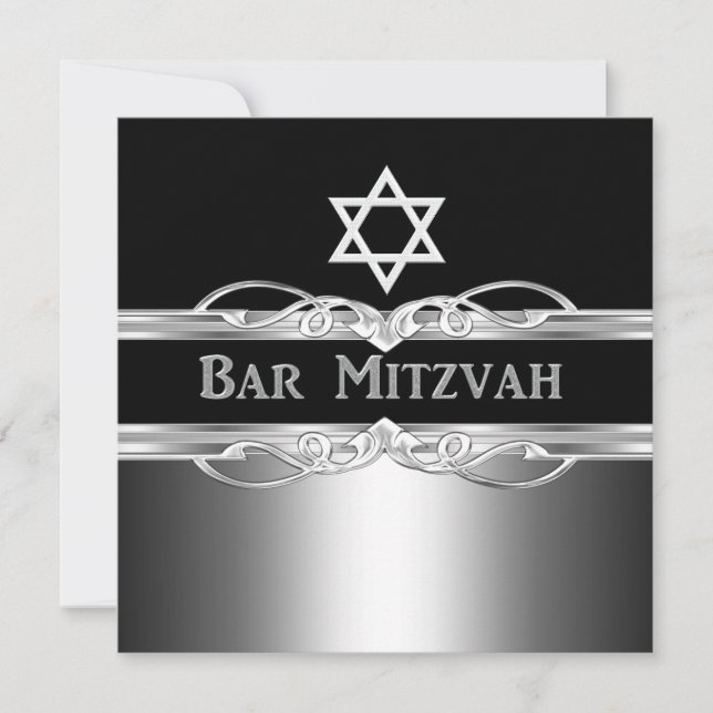 Convites Bar Mitzvah Preto Metal Prata Menino 2 (Frente)