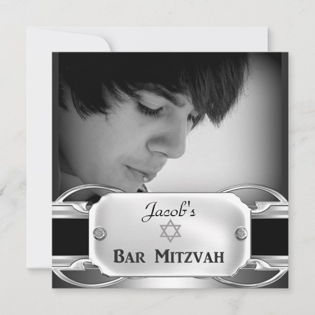 Convites Bar Mitzvah Preto Prata Metal masculino (Frente)