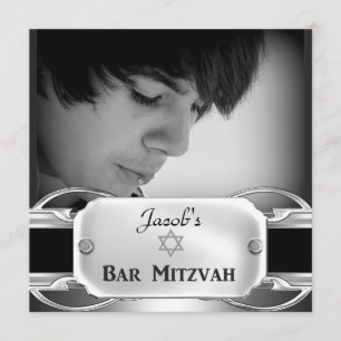 Convites Bar Mitzvah Preto Prata Metal masculino