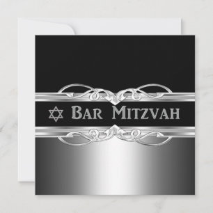 Convites Bar Mitzvah Preto Prata Metal Menino