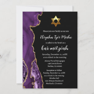 Convites Bar Mitzvah Preto Roxo e Dourado Moderno