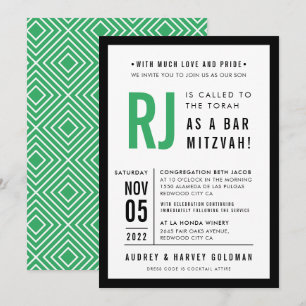 Convites BAR MITZVAH preto verde-cinzento geométrico