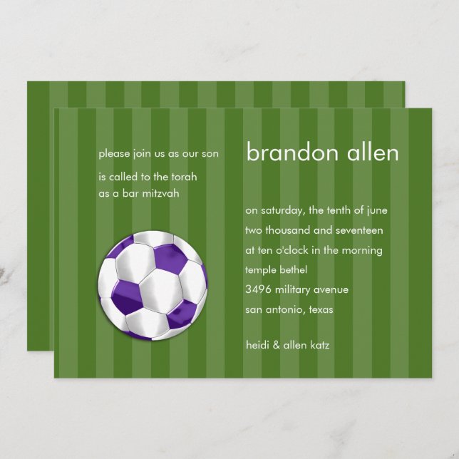 Convites Bar Mitzvah Purple e bola branca de futebol (Frente/Verso)